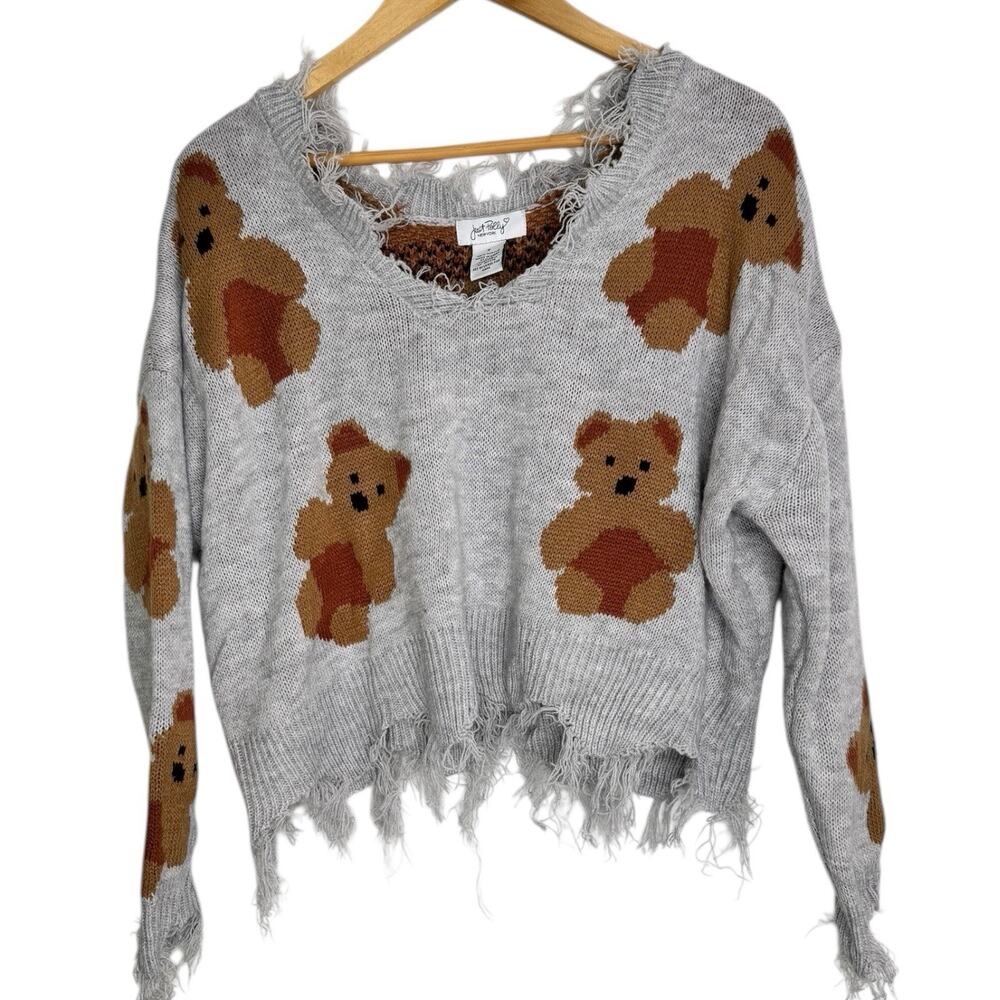 Just Polly Teddy Bear Print Distressed Pullover Sweater Womens Size Small Grunge